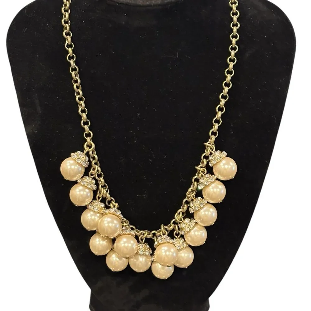J. Crew Faux Pearl and Rhinestone Gold Tone and Cream Necklace 1980’s